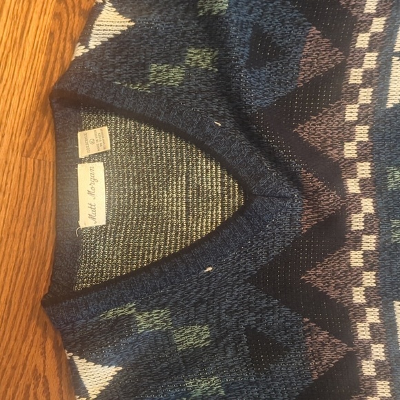 Vtg 90s grandpacore  Black Gray Green Acrylic Wild Geometric Sweater V Neck XL - Picture 3 of 8